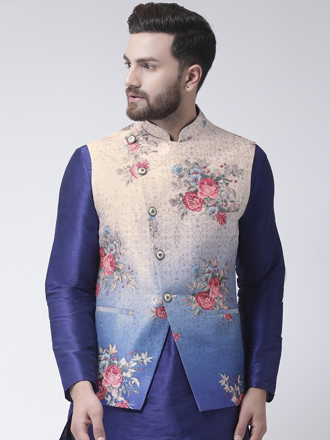 

I Know Men Cream-Coloured Floral Printed Nehru Jacket