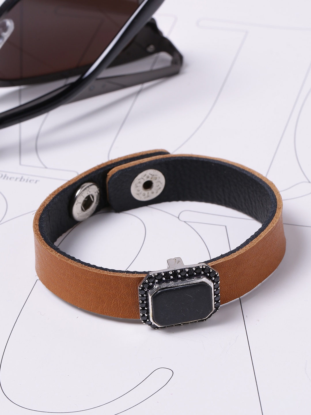 

Dare by Voylla Men Brown Leather Silver-Plated Oxidised Wraparound Bracelet