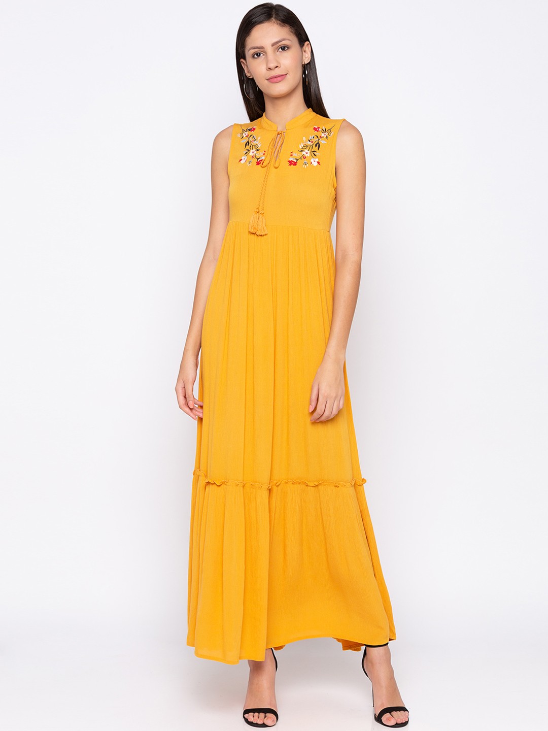

Globus Women Mustard Embroidered Tiered Maxi Dress
