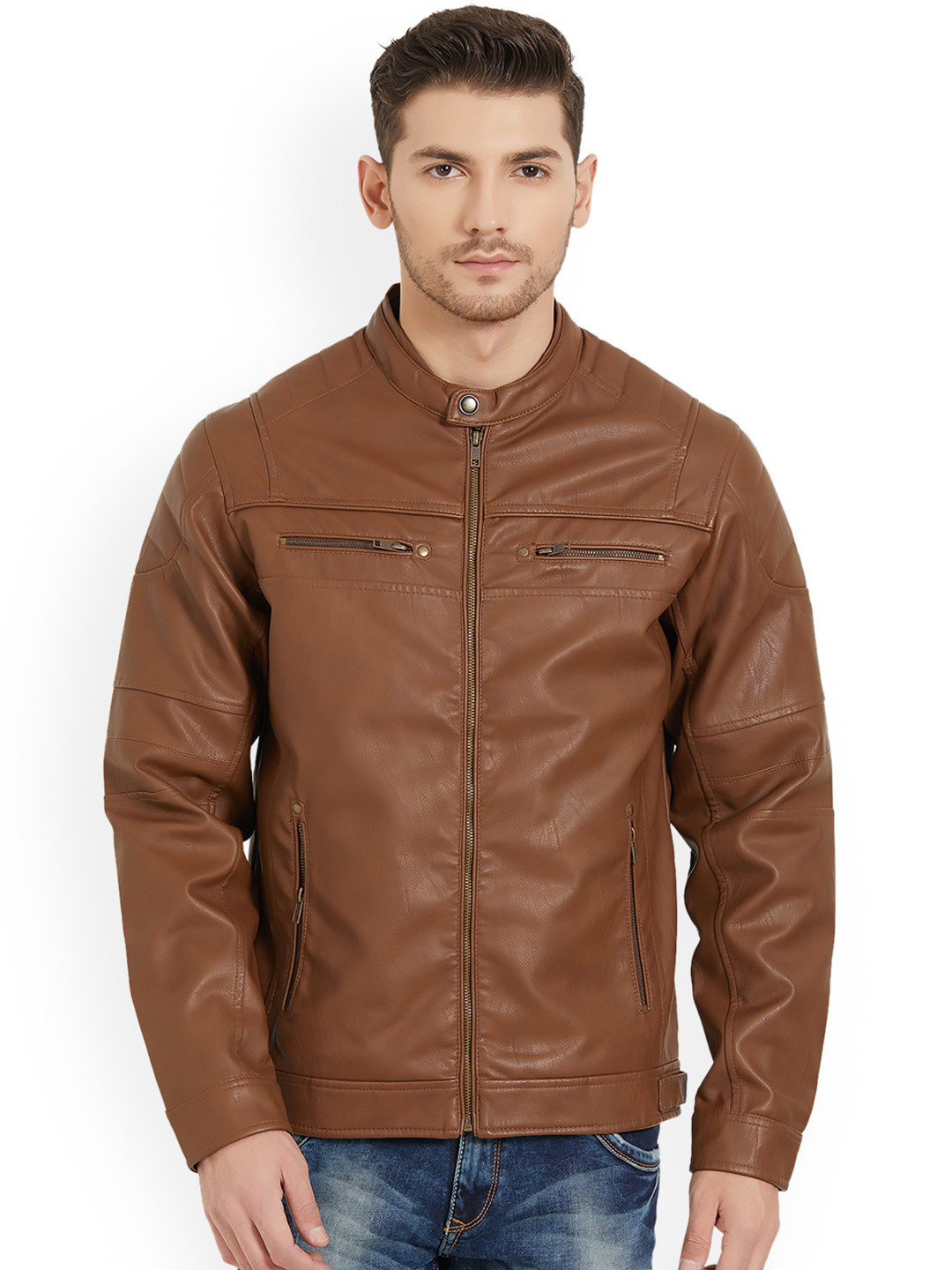 

Status Quo Men Brown Solid Lightweight Biker Jacket