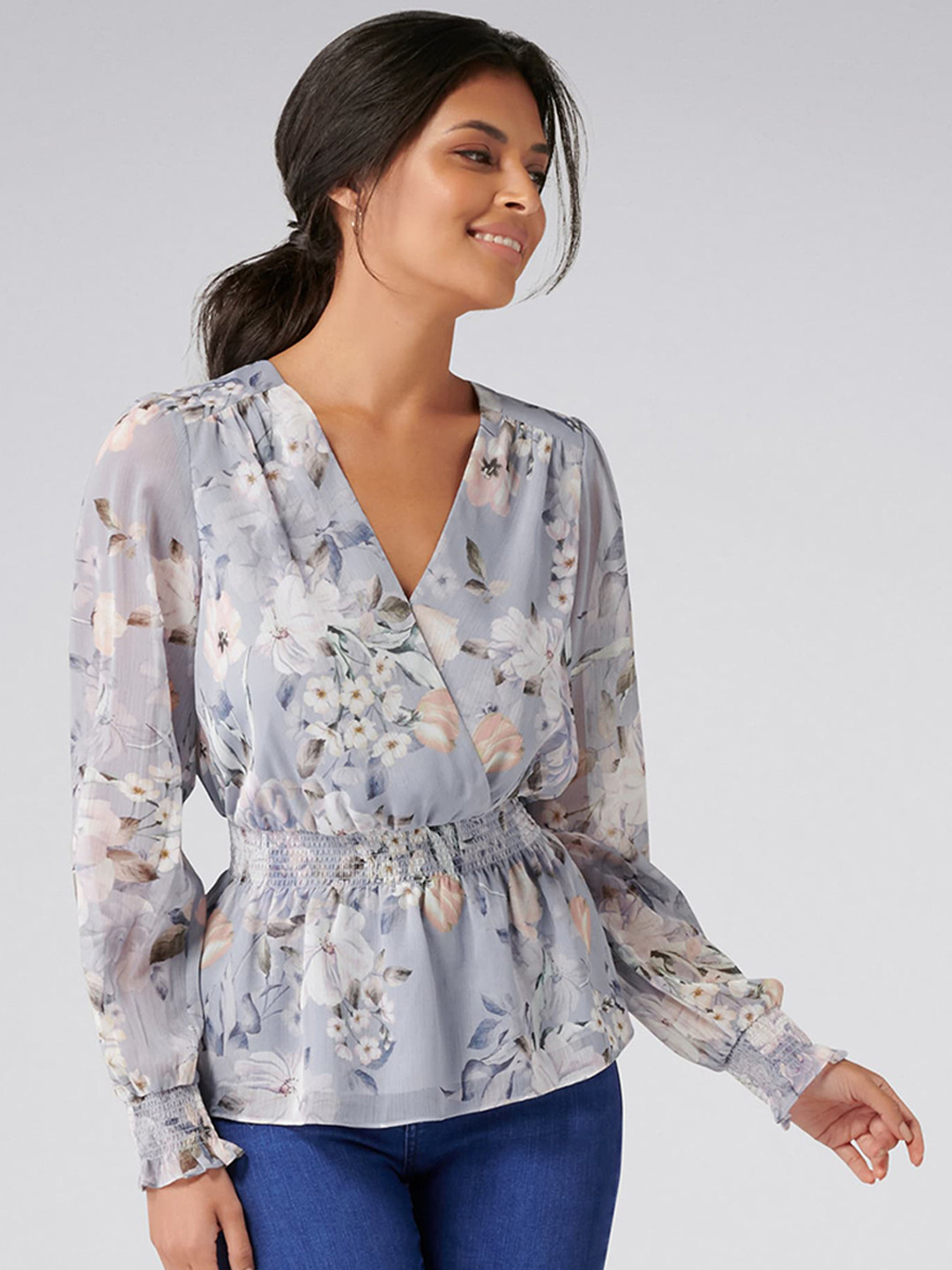 

Forever New Women Blue Printed Cinched Waist Top