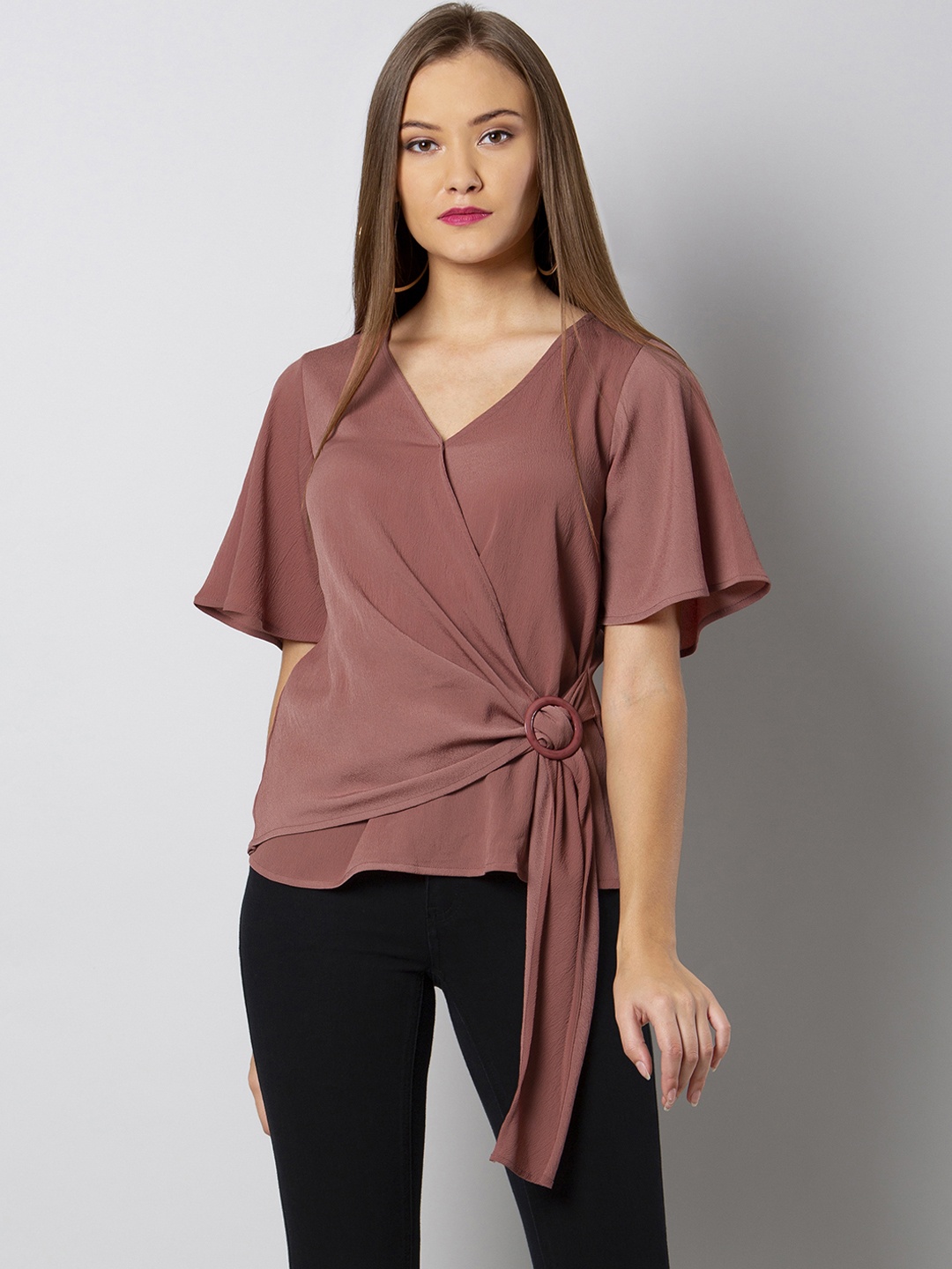 

FabAlley Women Pink Solid Wrap Top
