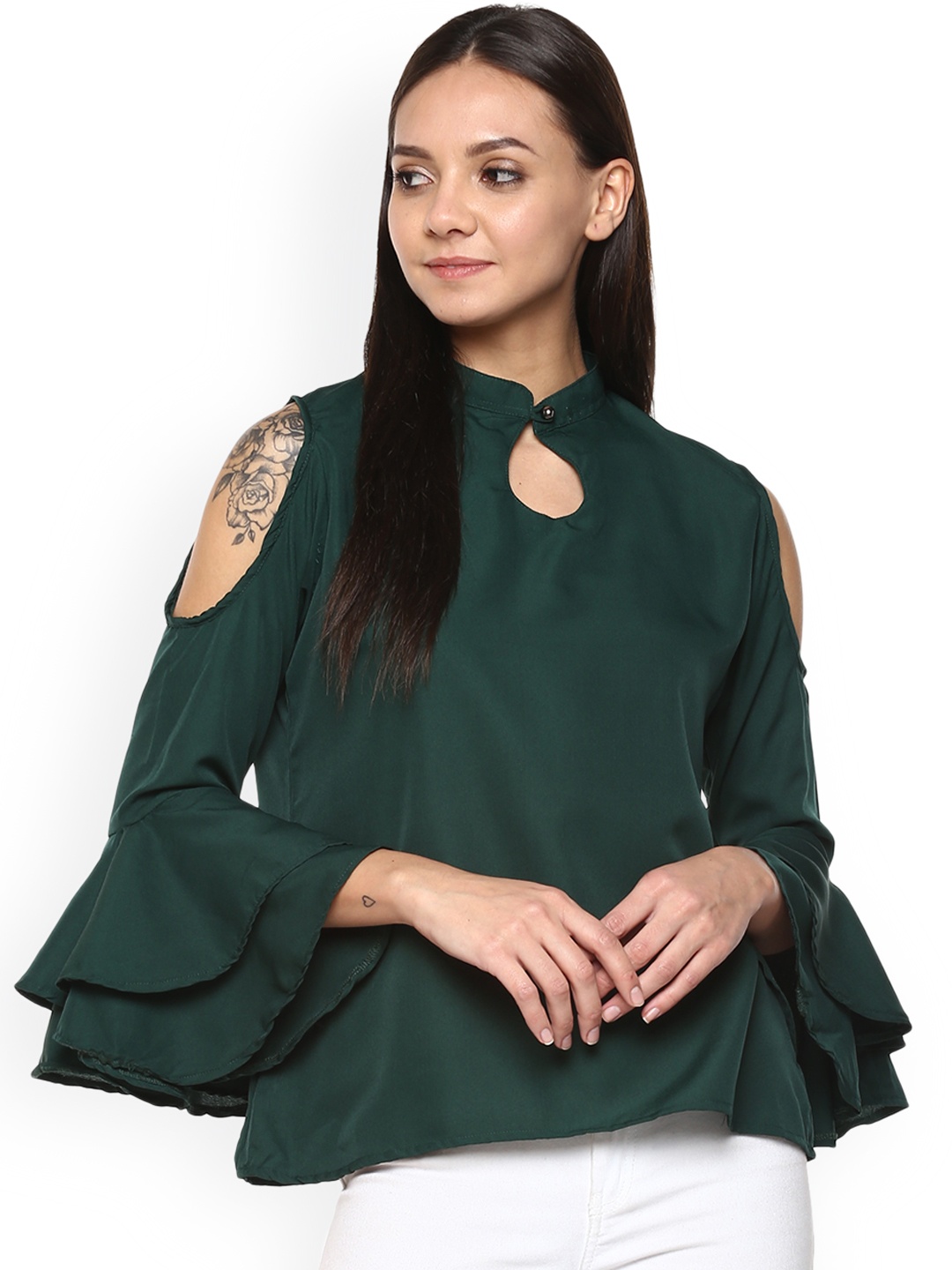 

Indietoga Women Green Solid A-Line Top