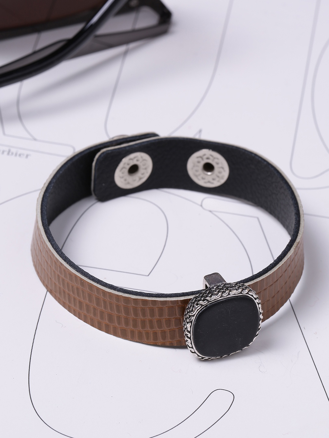 

Dare by Voylla Men Silver-Plated Brown Leather Oxidised Wraparound Bracelet