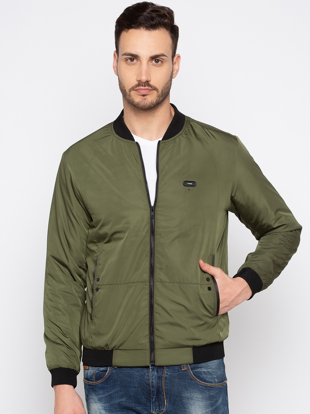 

Status Quo Men Olive Green Solid Slim Fit Lightweight Bomber Jacket