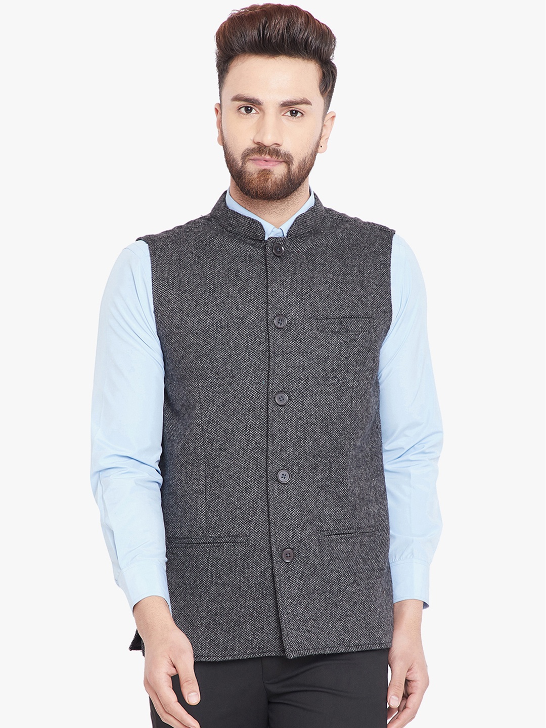 

even Men Grey Solid Woollen Nehru Jacket