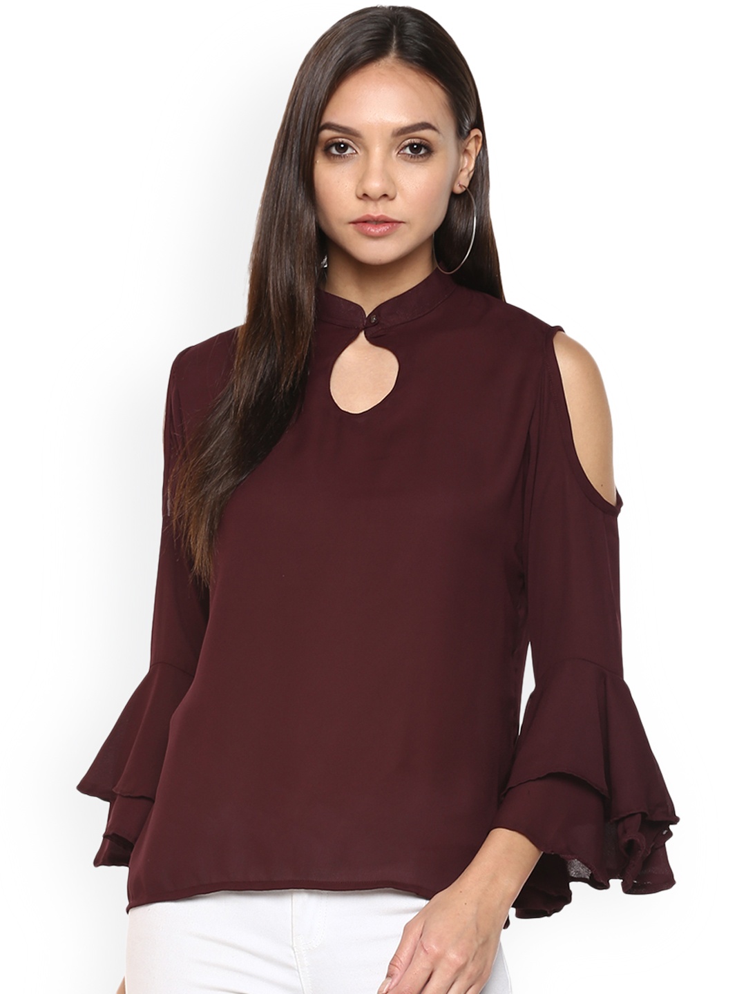 

Indietoga Women Maroon Cold Shoulder Top