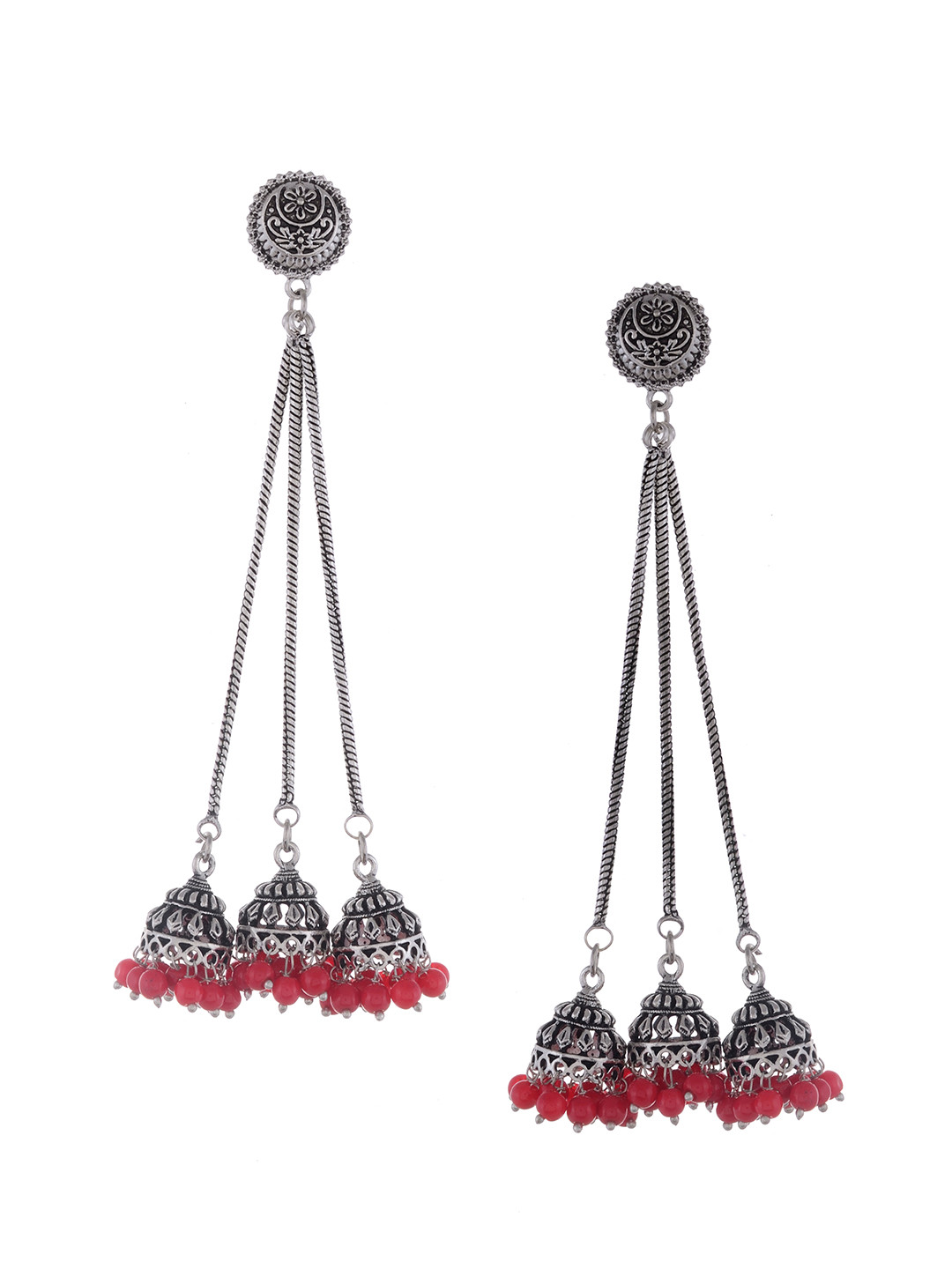 

Silvermerc Designs Silver-Plated & Red Oxidised Circular Jhumkas