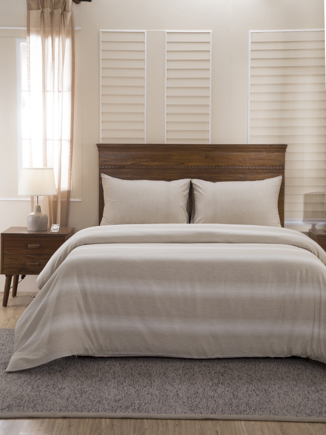 

MASPAR Beige & White Striped 400 TC Egyptian Cotton Double Bed Cover with 2 Pillow Covers