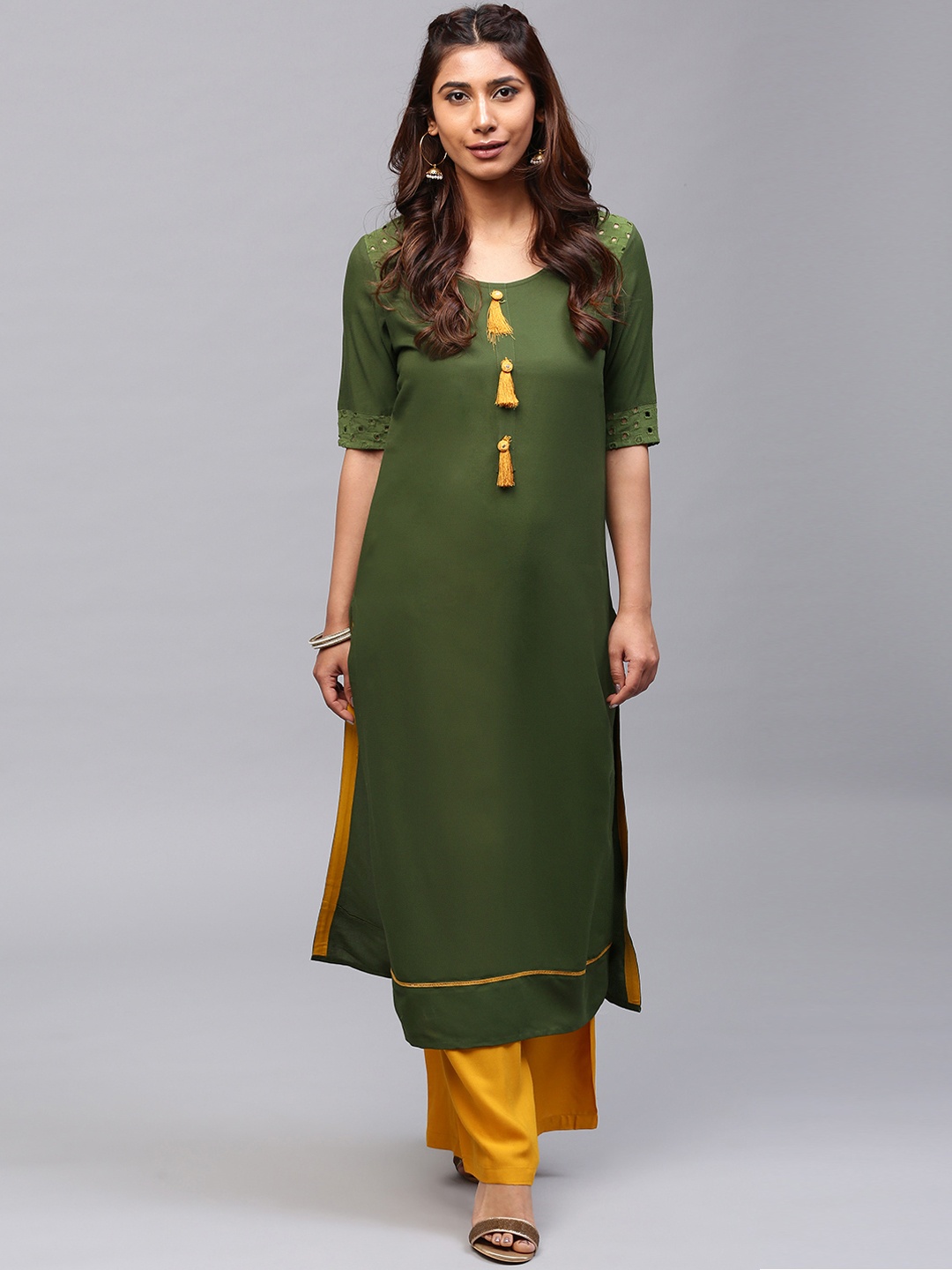 

AKS Women Green Self Design Straight Kurta
