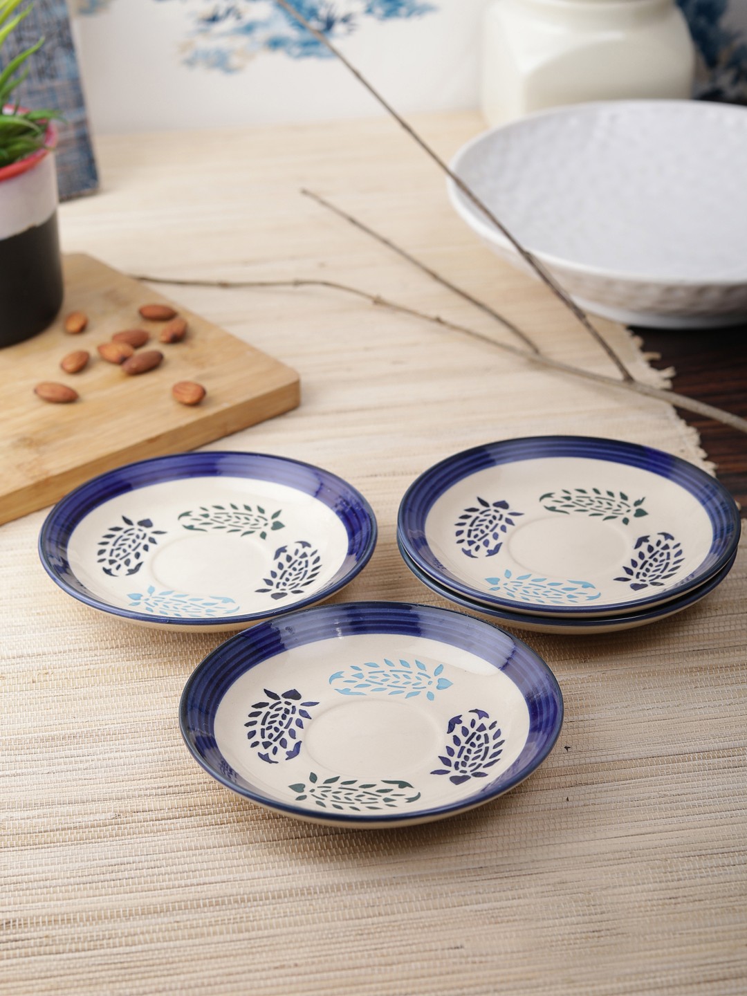 

VarEesha Off-White & Blue 4-Pieces Printed Ceramic Small Snack Plate Set