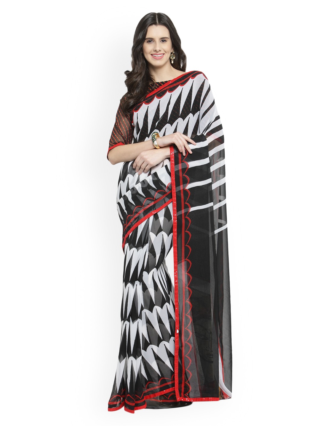 

Shaily Women Black & White Pure Georgette Printed Saree with Blouse Piece