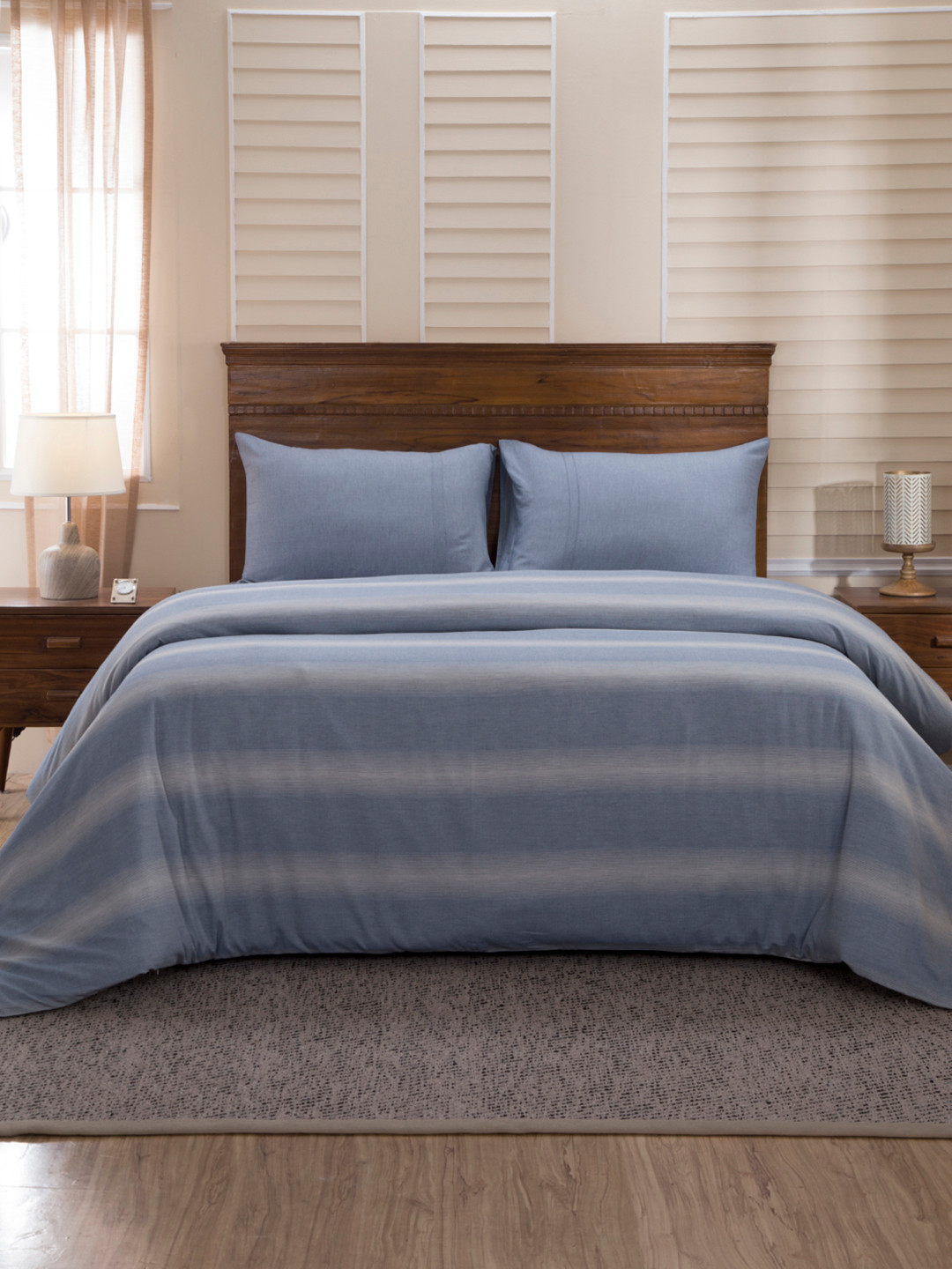 

MASPAR Blue & White Striped 400 TC Egyptian Cotton Double Bed Cover with 2 Pillow Covers