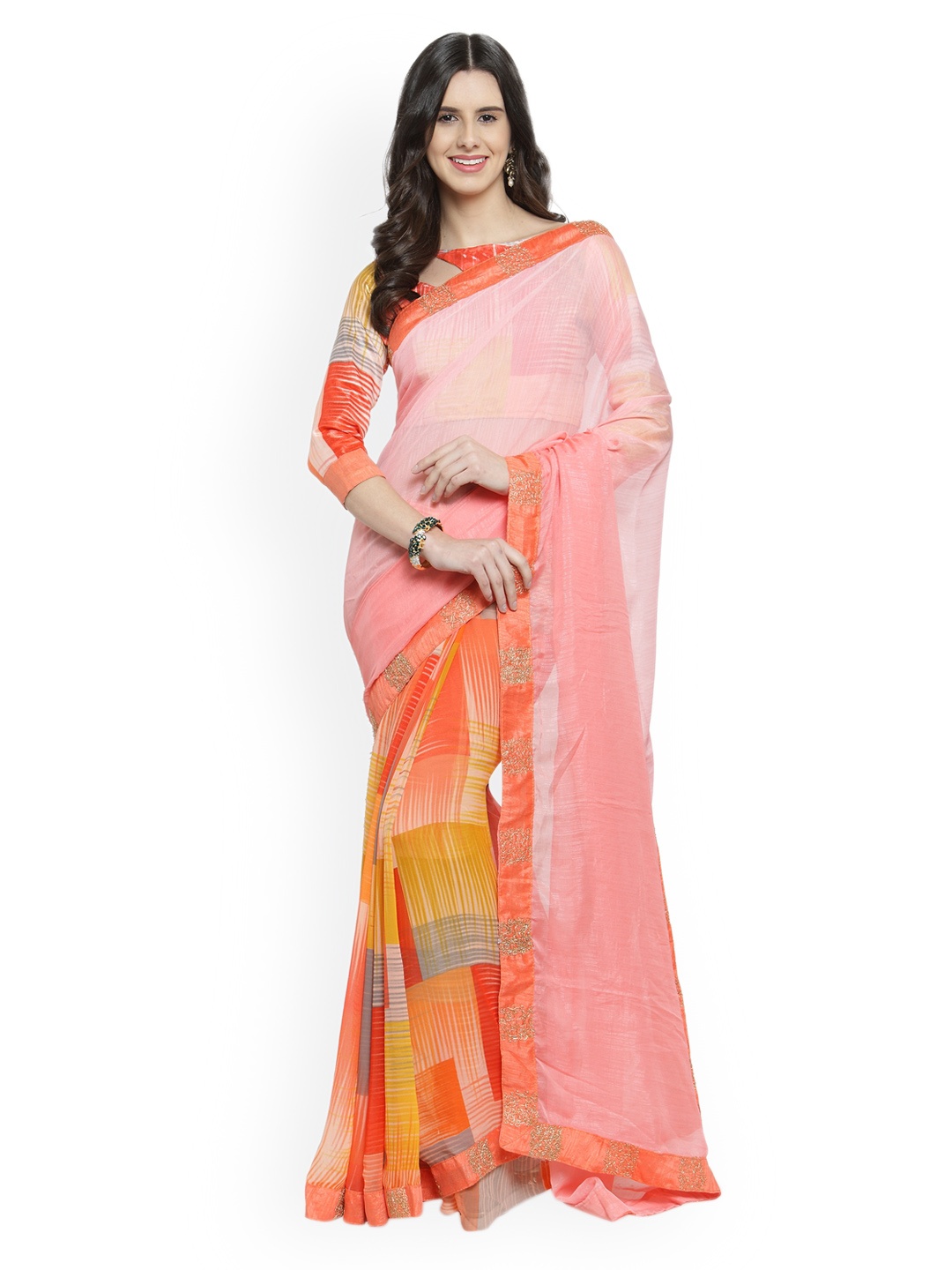 

Shaily Women Peach-Coloured Printed Pure Georgette Saree with Blouse Piece