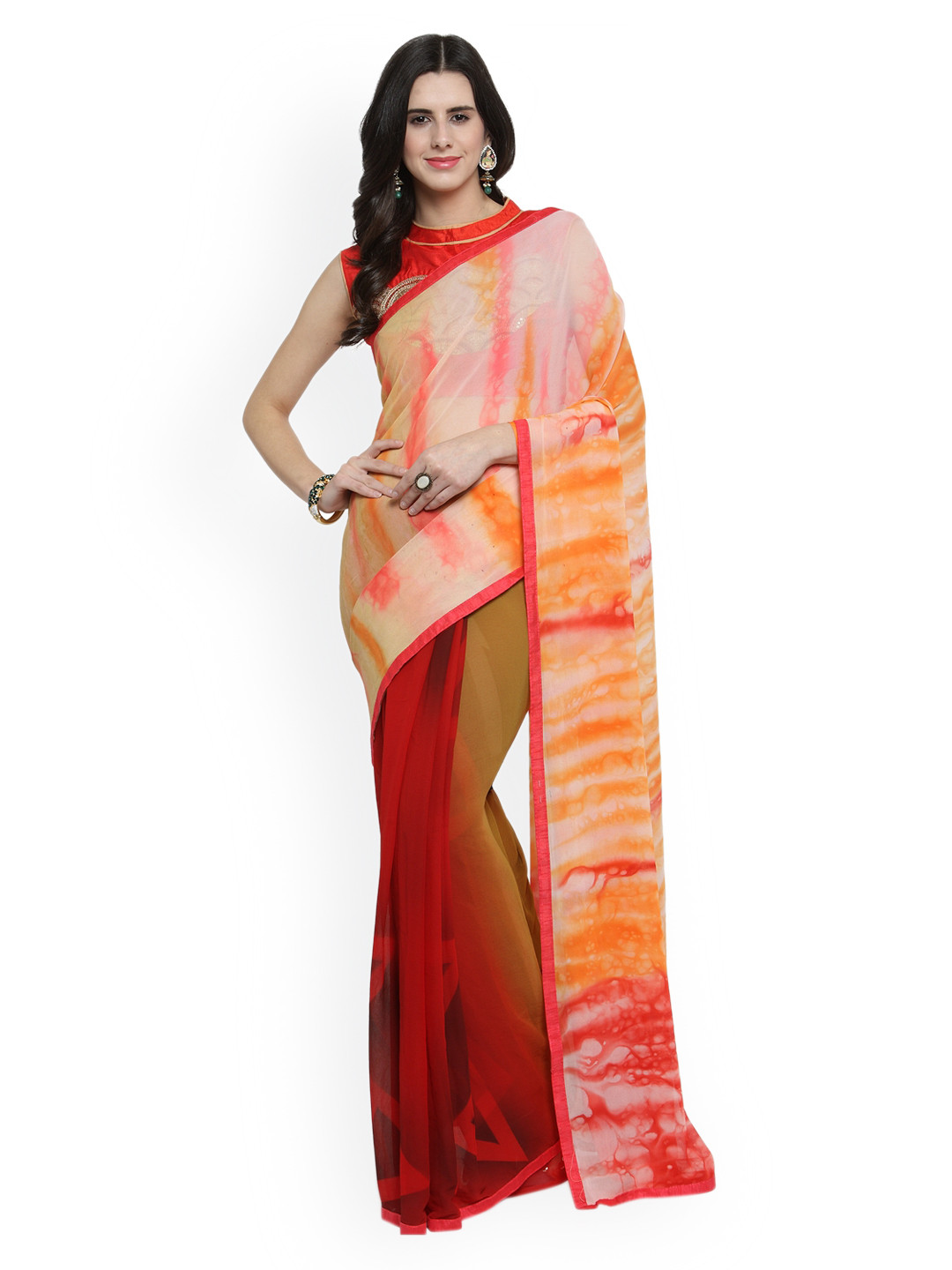 

Shaily Peach-Coloured & Red Pure Georgette Printed Saree