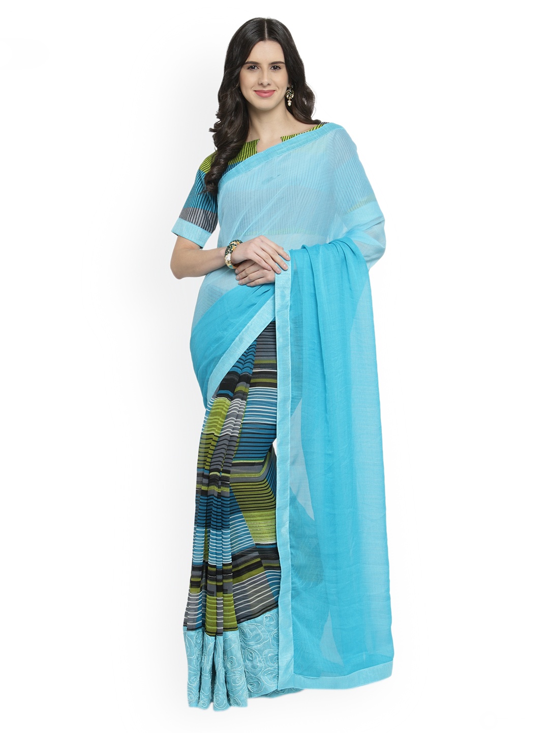 

Shaily Women Turquoise Blue Printed Pure Georgette Saree with Blouse Piece