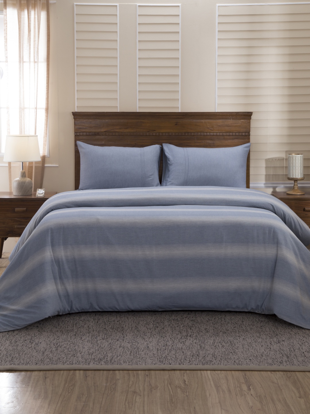 

MASPAR Blue & White Striped 400 TC Egyptian Cotton Double Bed Cover with 2 Pillow Covers