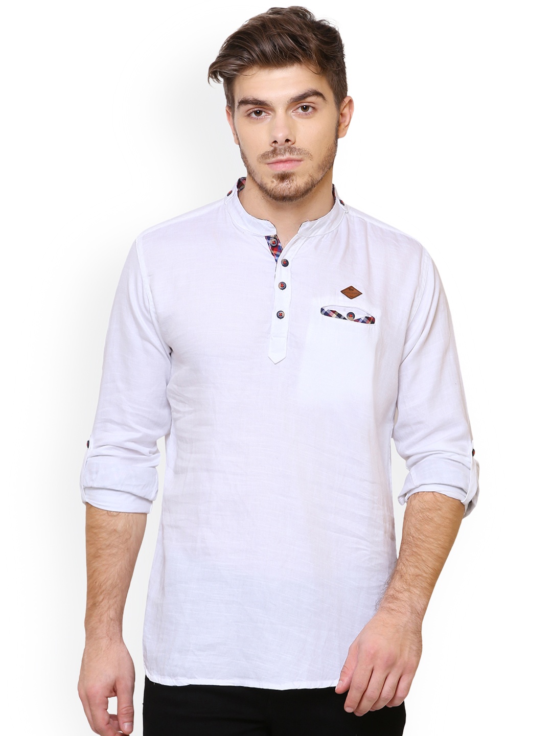 Kuons Avenue Men Tailored Fit Band Collar Pure Cotton Casual Shirt, White