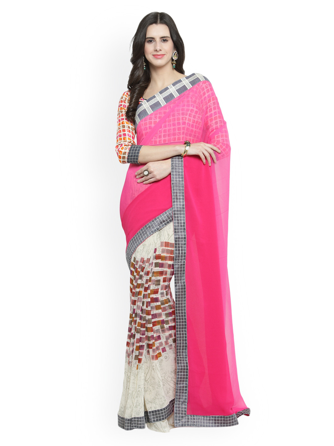 

Shaily Women Pink Printed Pure Georgette Saree with Blouse Piece