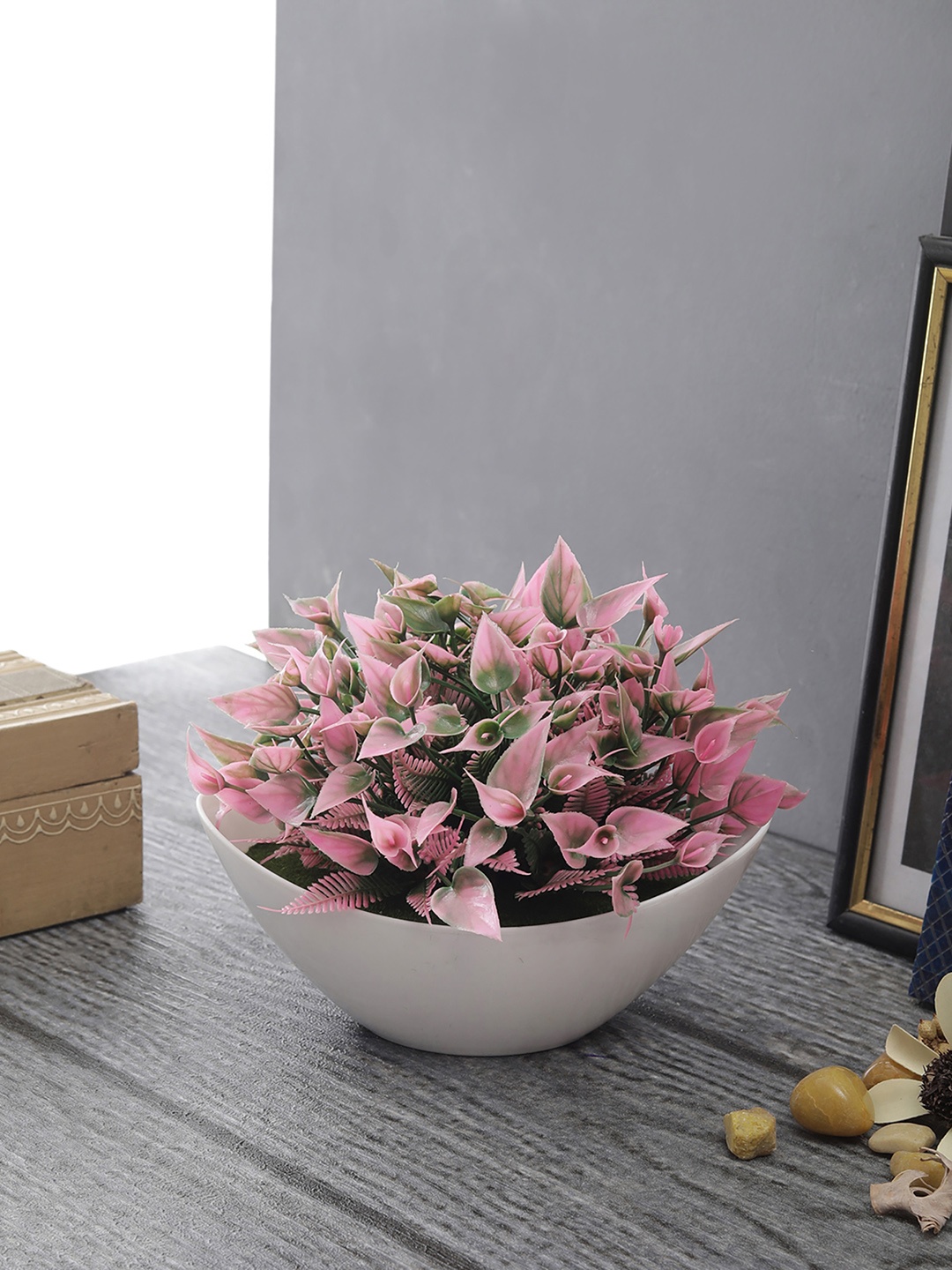 FOLIYAJ Green, Pink & White Artificial Plant With Pot