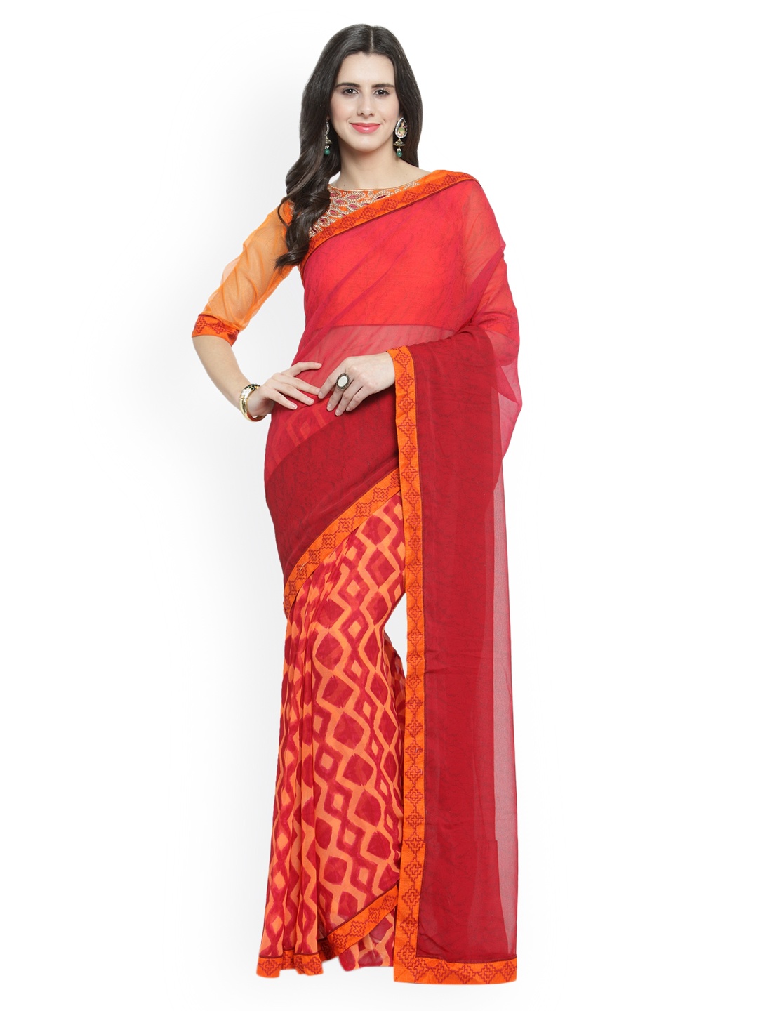 

Shaily Red & Orange Printed Saree