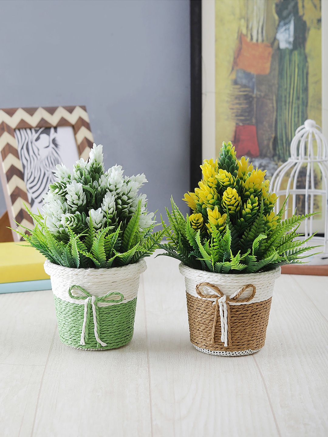 FOLIYAJ Set of 2 Green, Yellow & White Artificial Plants With Pot