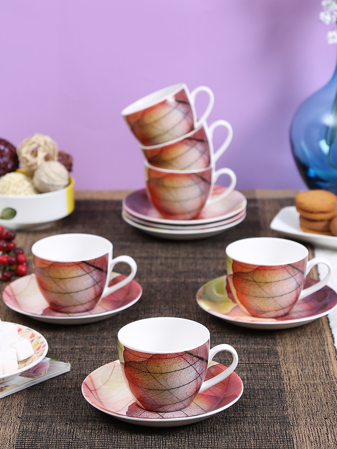 

CLAY CRAFT Set of 6 Multicoloured Printed Bone China Tea Set, Multi