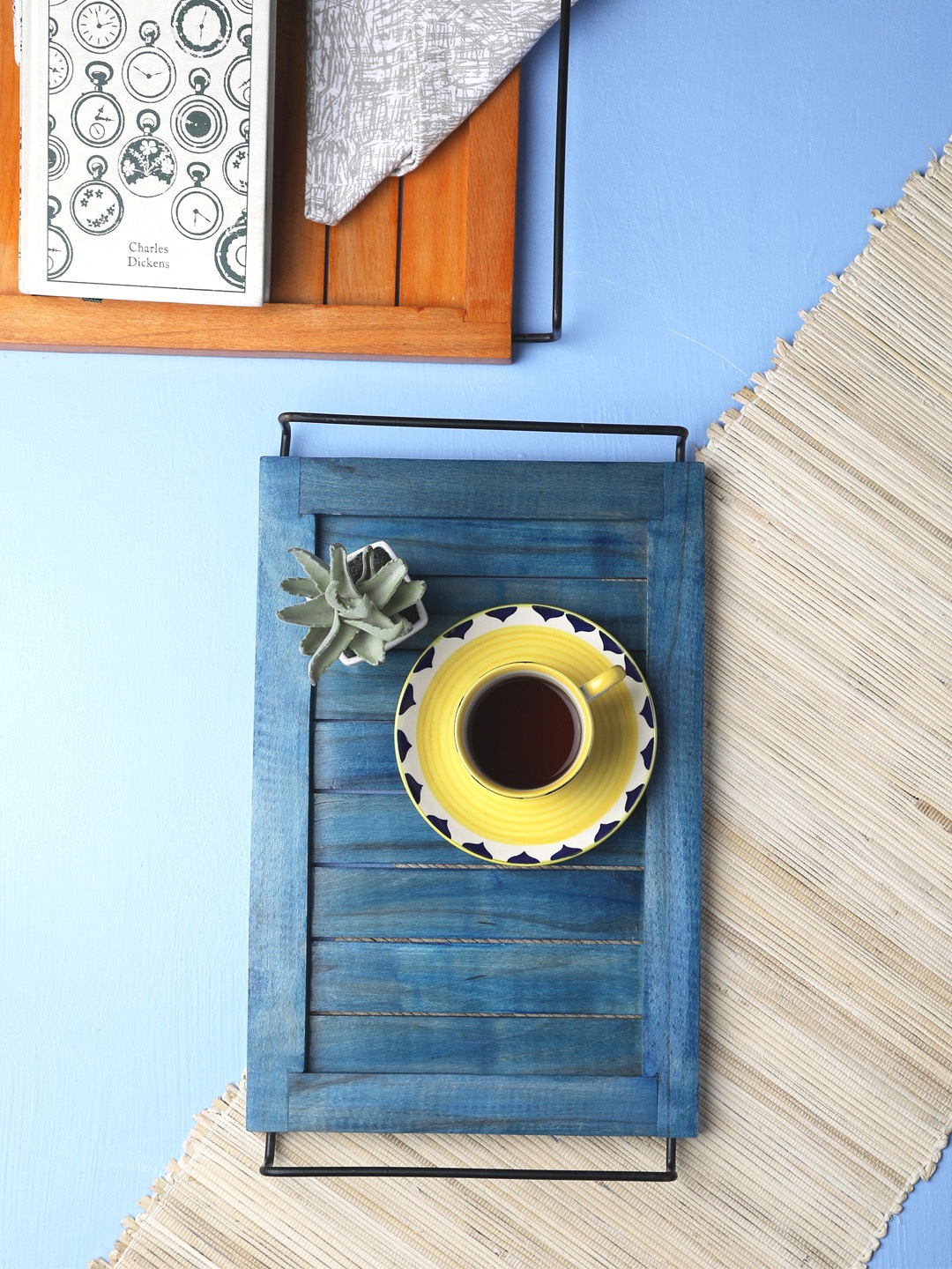 VarEesha Set of 2 Orange & Blue Wood Serving Tray