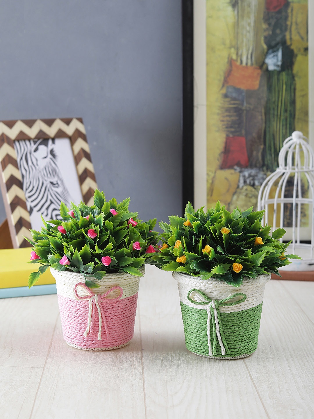 

FOLIYAJ Set of 2 Green, Yellow & Pink Artificial Plants With Pots