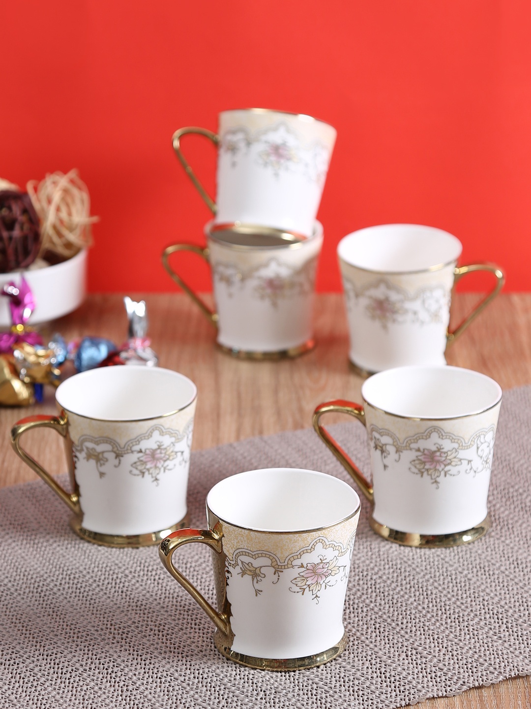 

CLAY CRAFT Set of 6 White & Gold-Toned Printed Cups