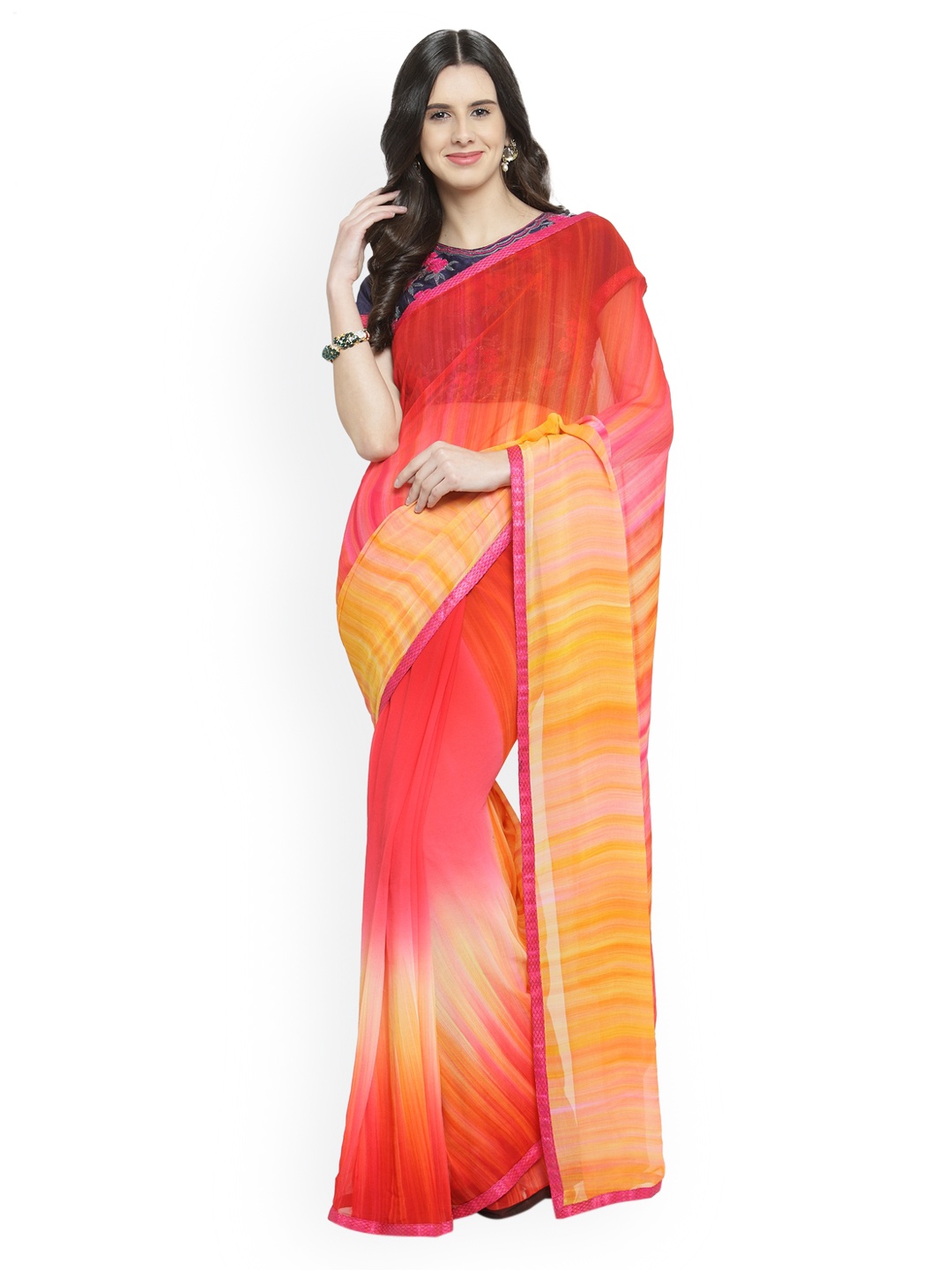 

Shaily Yellow & Red Pure Georgette Striped Saree