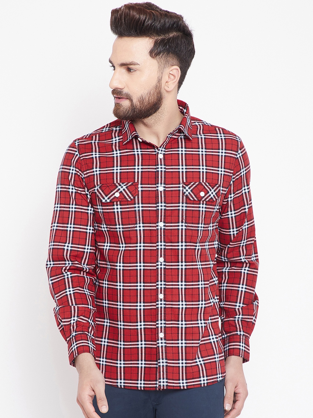 

Canary London Men Red & White Smart Slim Fit Checked Casual Shirt