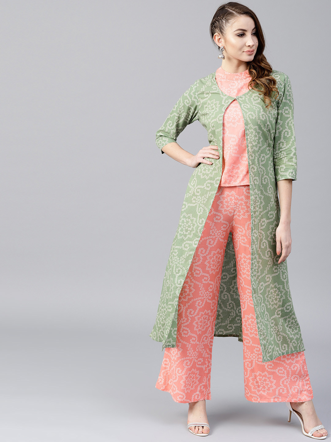 

AKS Women Green & White Printed Longline Open Front Jacket