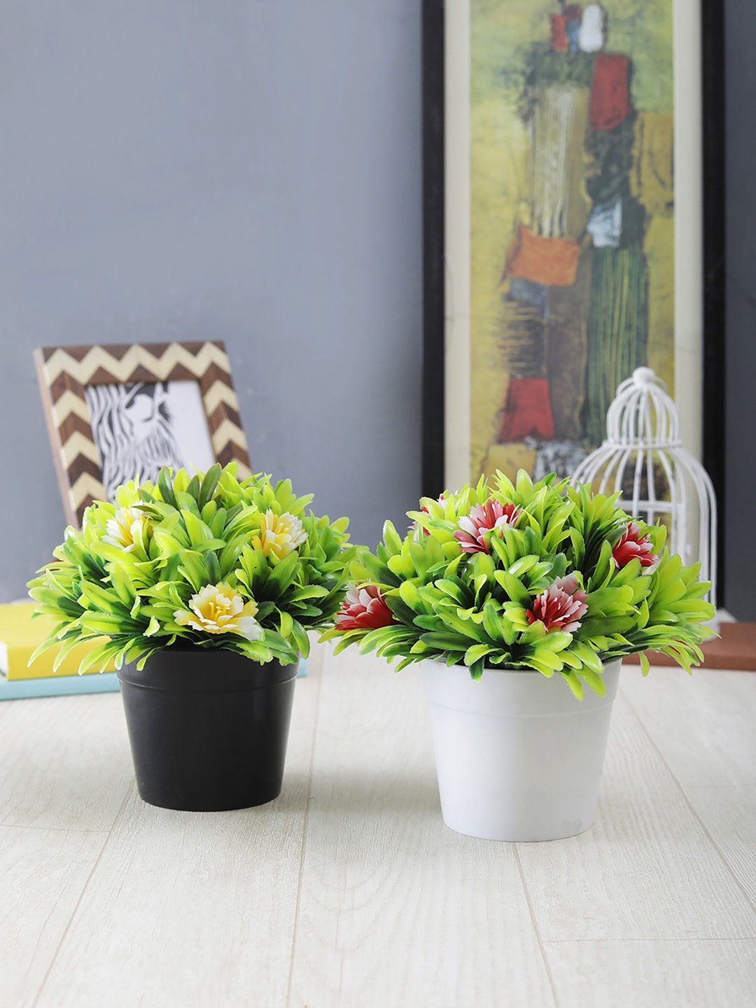 

FOLIYAJ Set of 2 Green & Yellow Artificial Plants With Pots