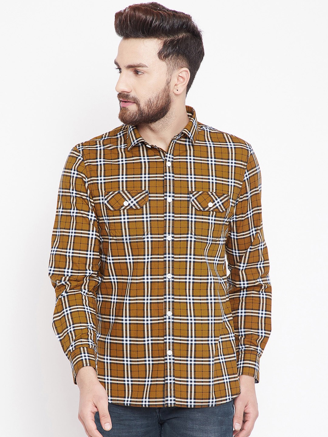 

Canary London Men Mustard Brown & White Slim Fit Checked Casual Shirt