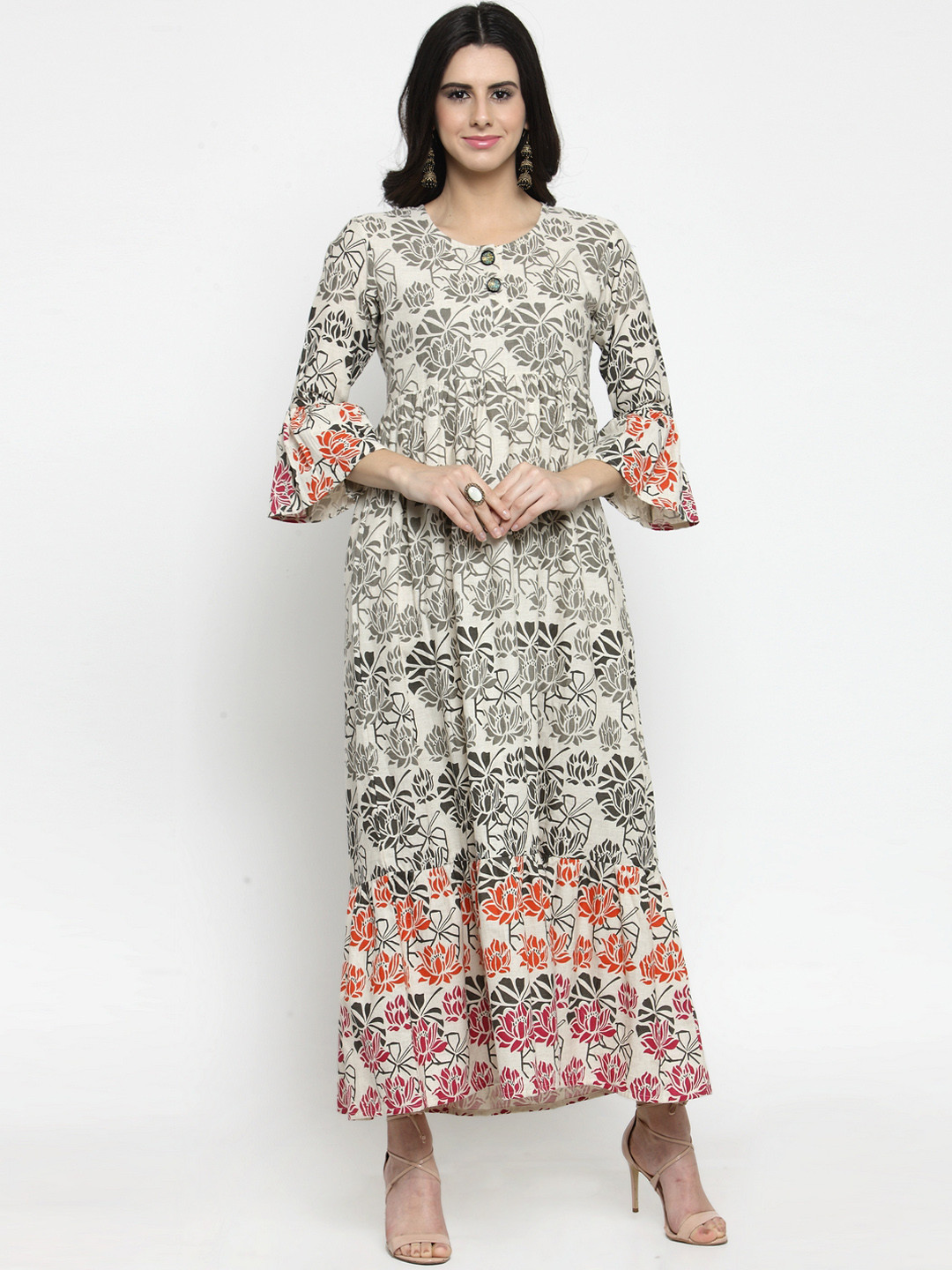 

Indibelle Women Grey & Off-White Printed A-Line Maxi Dress
