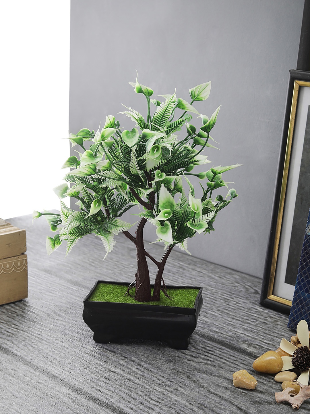 FOLIYAJ Green & White Artificial Plant With Pot