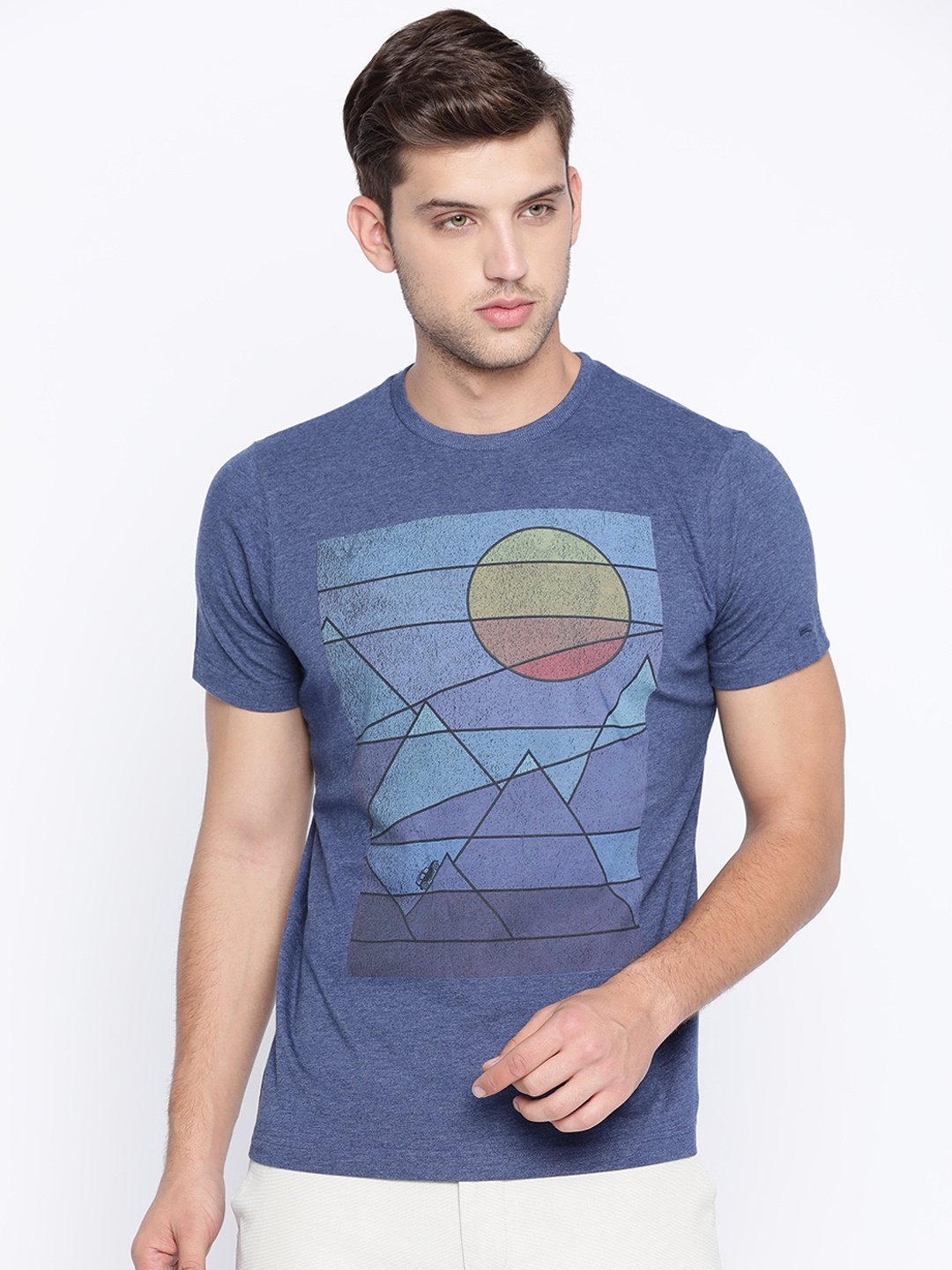 

Basics Men Blue Printed Slim Fit Round Neck T-shirt
