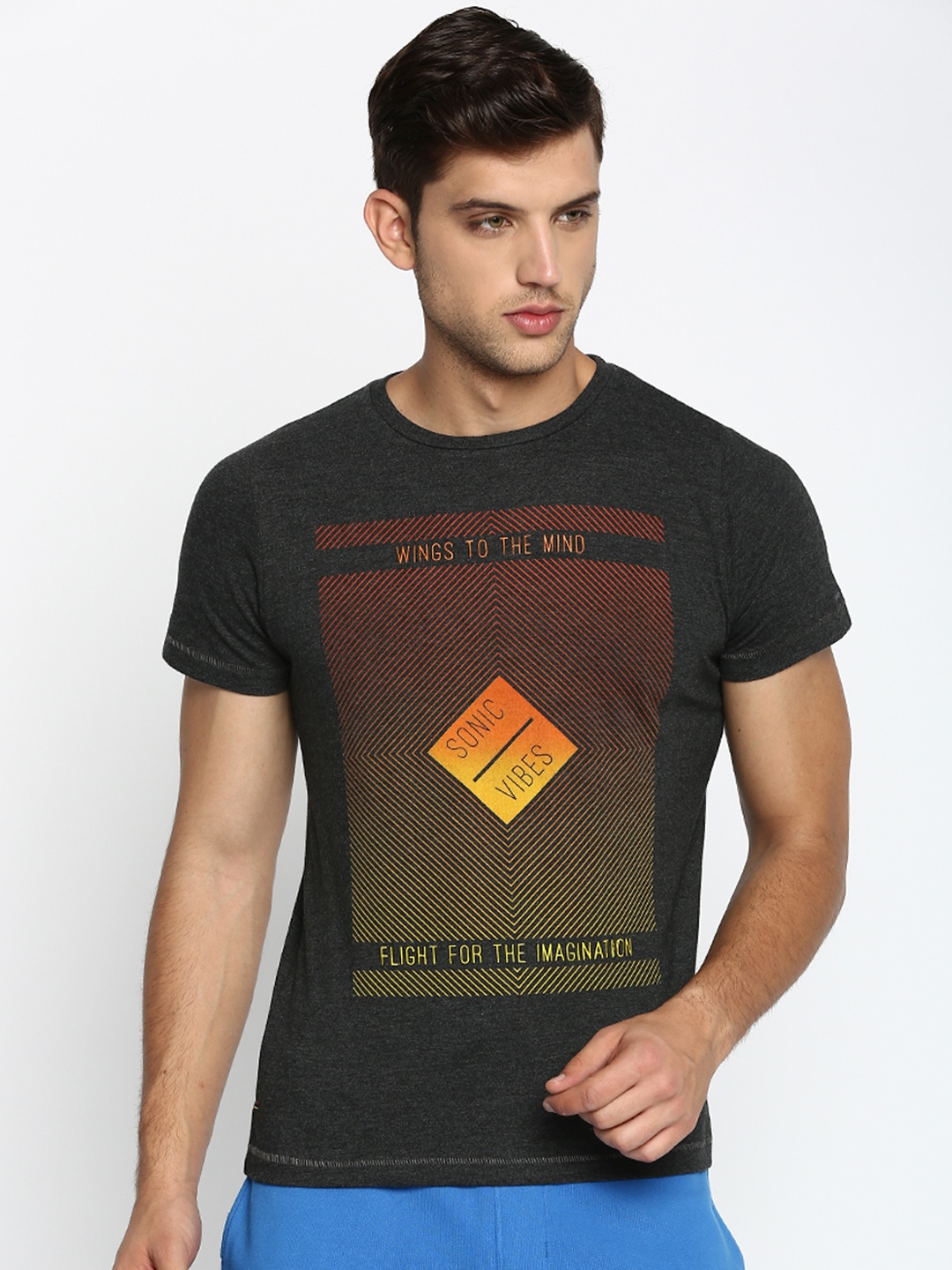 

Basics Men Charcoal Grey Printed Slim Fit Round Neck T-shirt