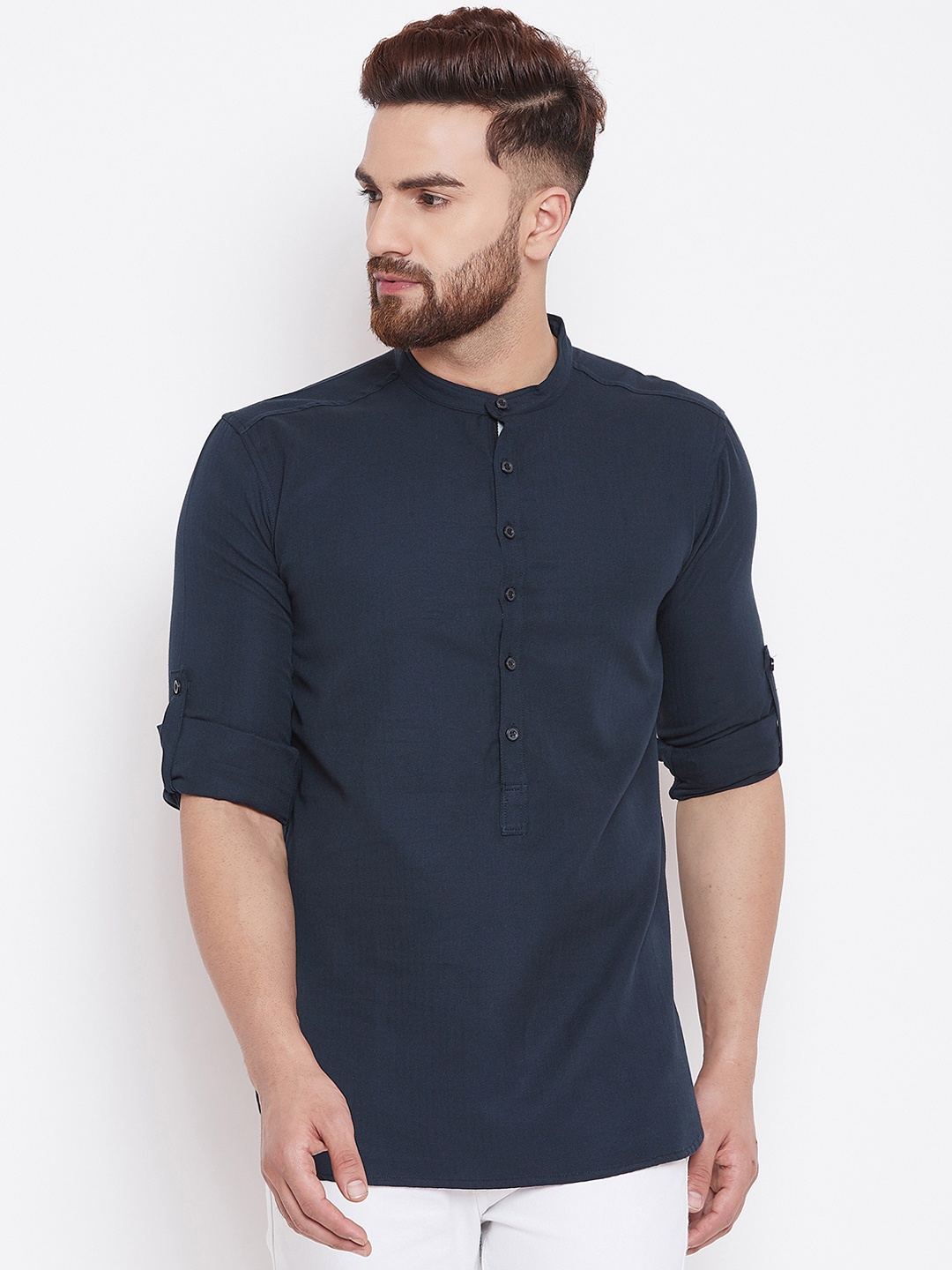 

even Men Navy Blue Solid Dobby Weave Straight Kurta