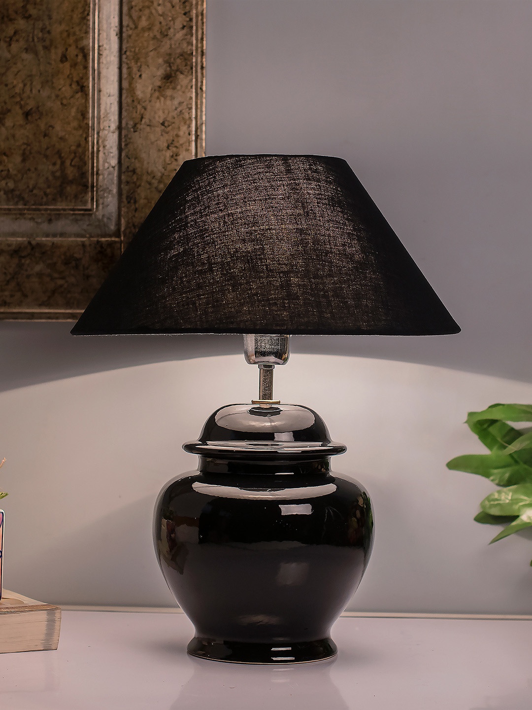 

Homesake Black Solid Ceramic Pot Shaped Handcrafted Table Lamp with Shade