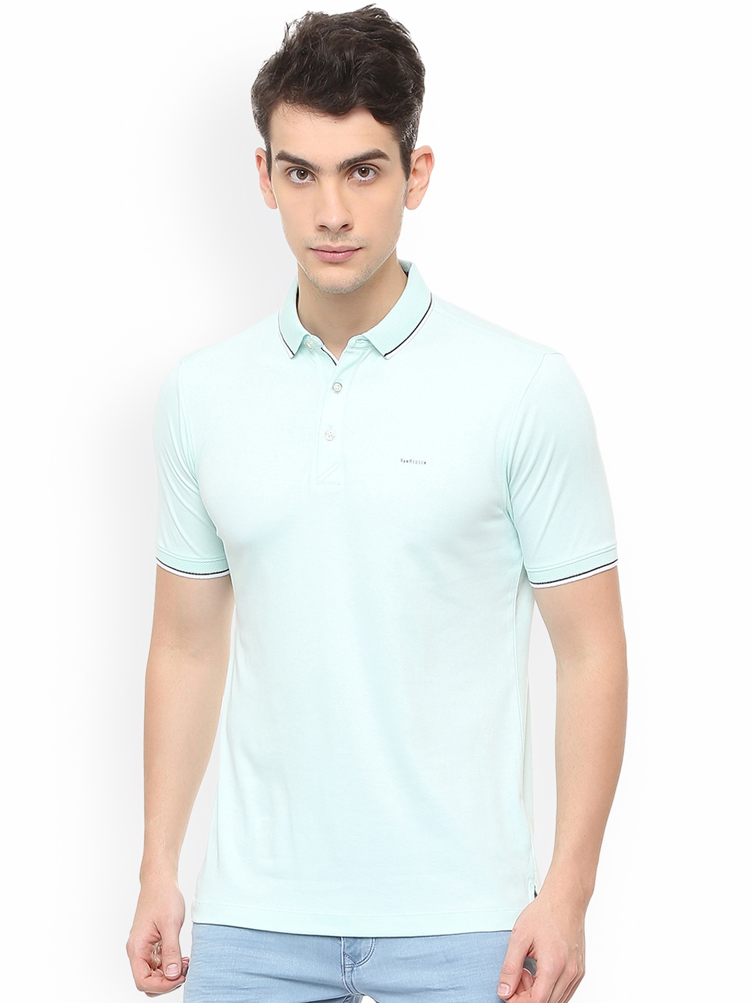 

Van Heusen Men Sea Green Solid Polo Collar Pure Cotton T-shirt