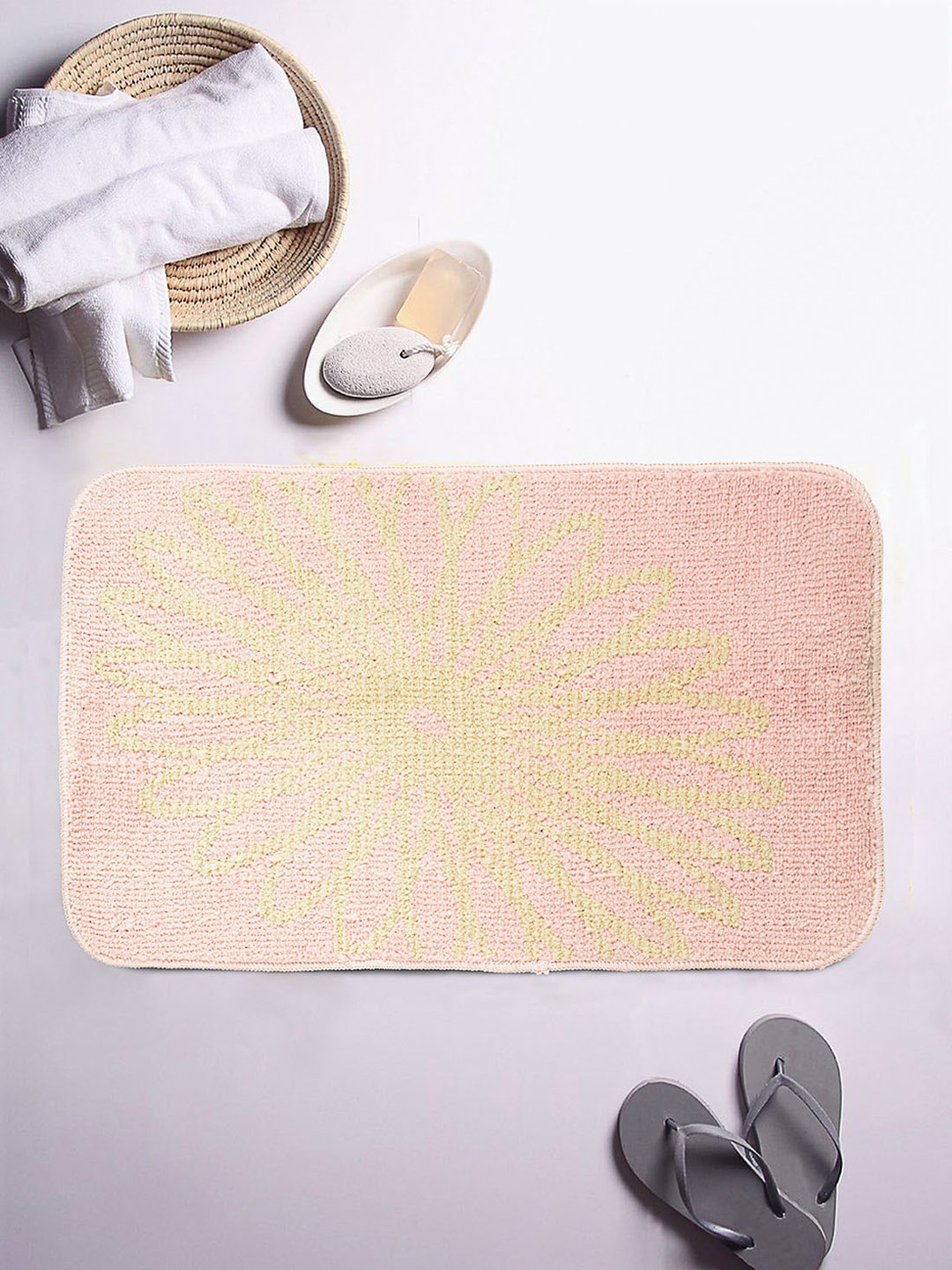 

ROMEE Pink & Beige Printed Rectangular Bath Rug