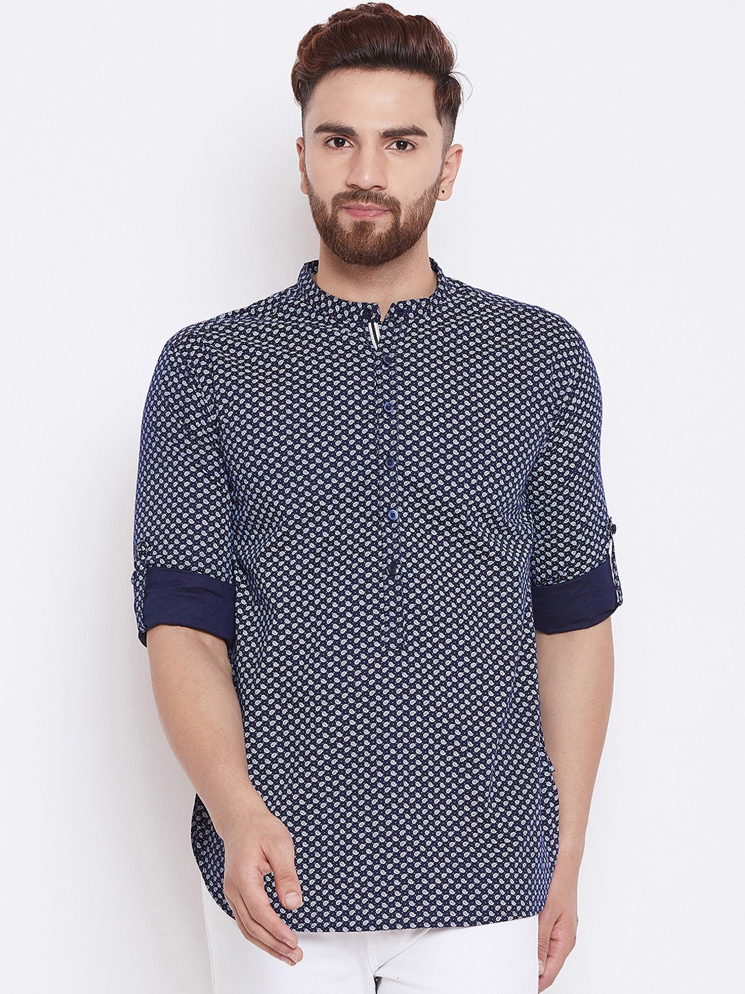 

even Men Navy Blue & White Printed Straight Kurta