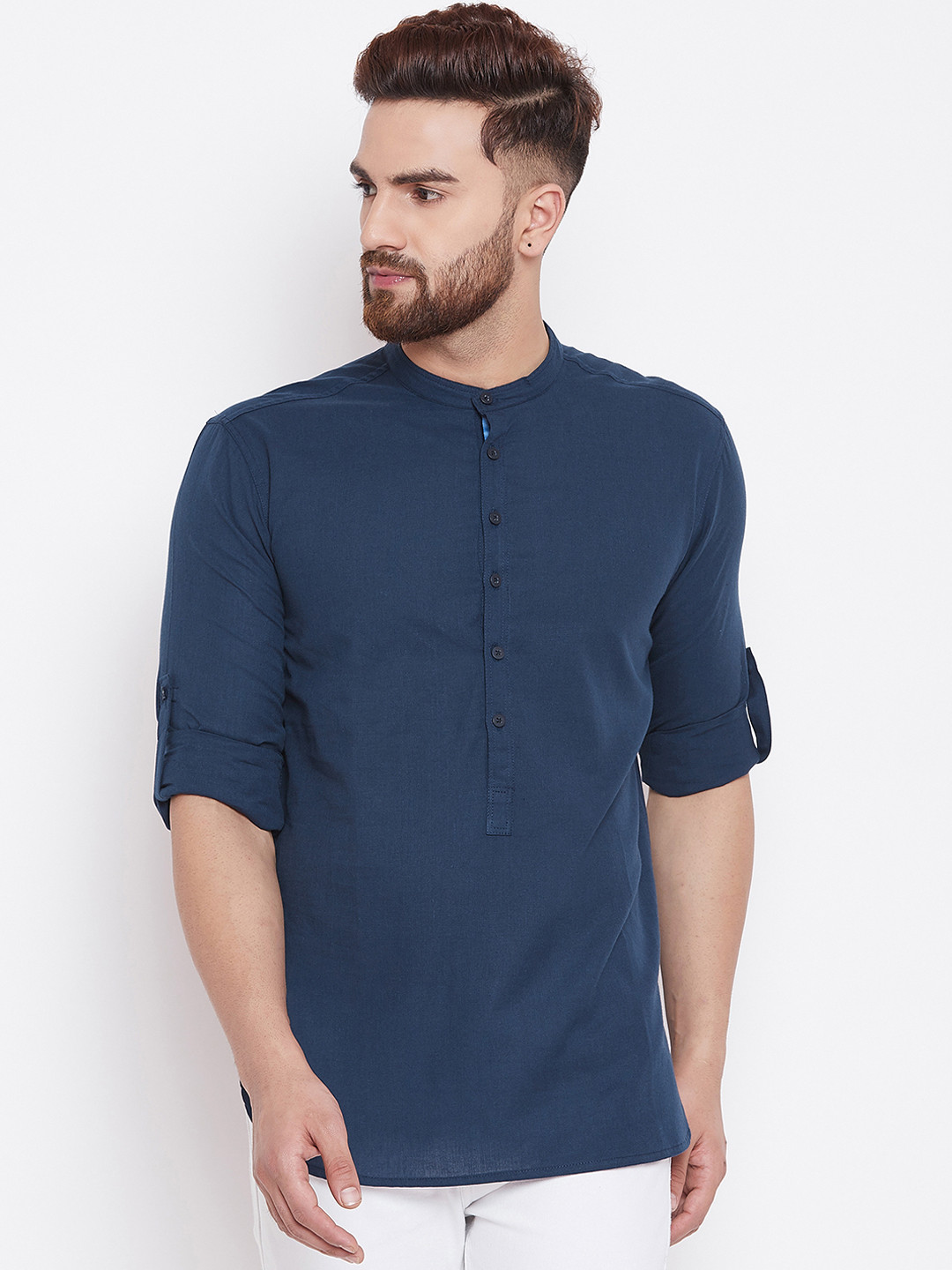 

even Men Navy Blue Solid Straight Kurta