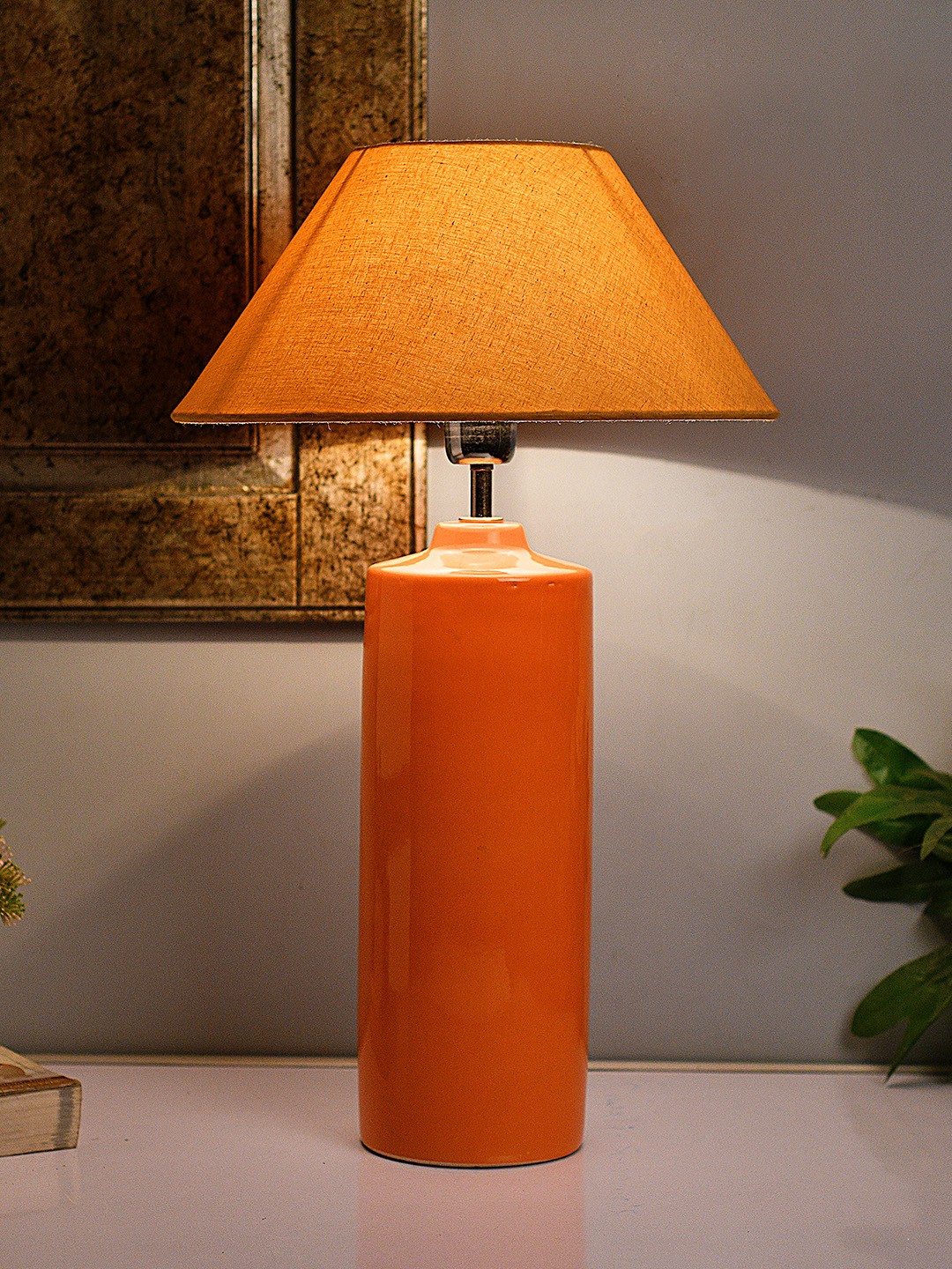 

Homesake Orange & Beige Colourblocked Handcrafted Bedside Standard Table Lamp