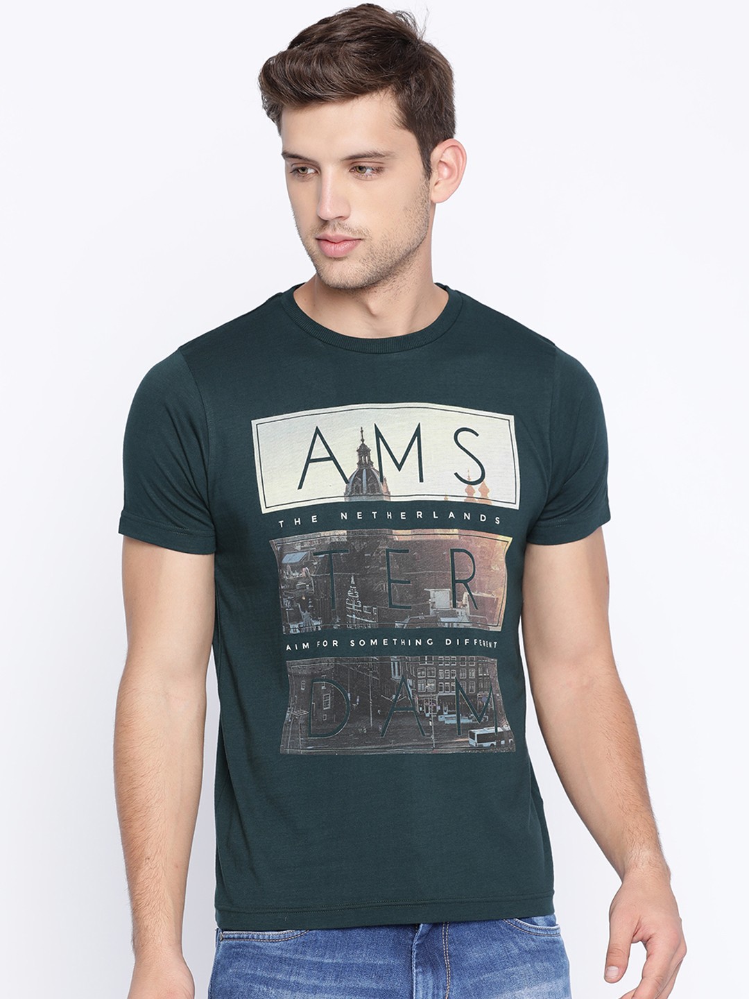 

Basics Men Green Printed Round Neck T-shirt