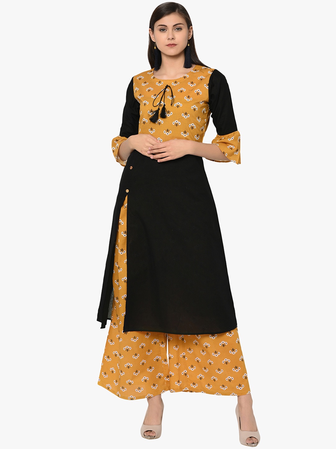 

ZIYAA Women Black & Mustard Yellow Printed Kurta with Palazzos