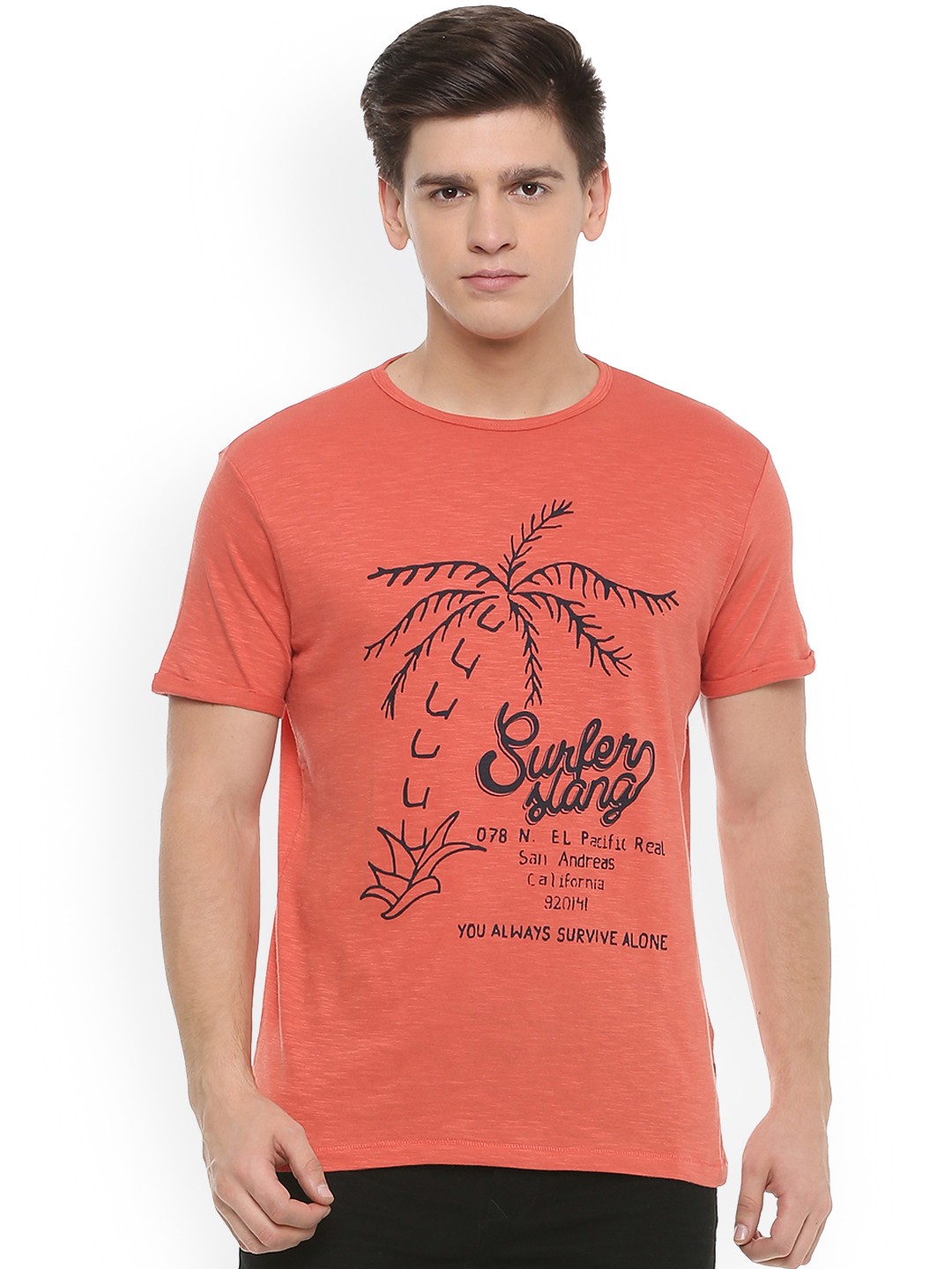 

People Men Orange Printed Round Neck Pure Cotton T-shirt