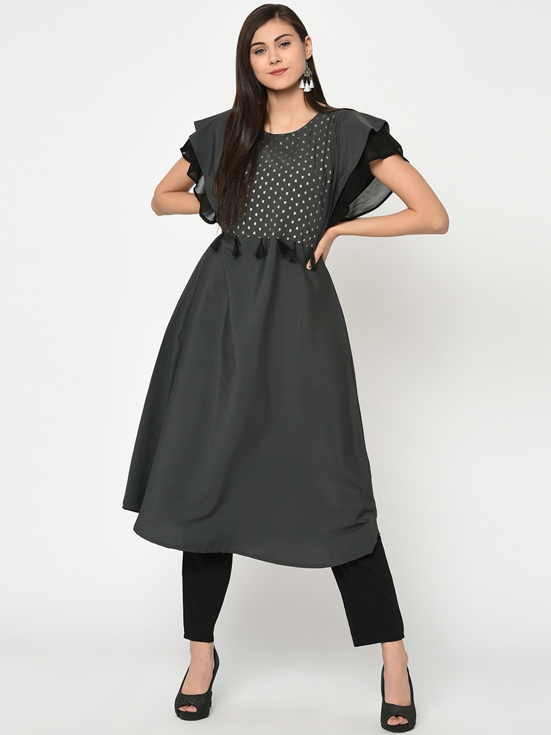 

ZIYAA Women Grey Foil Print A-Line Kurta